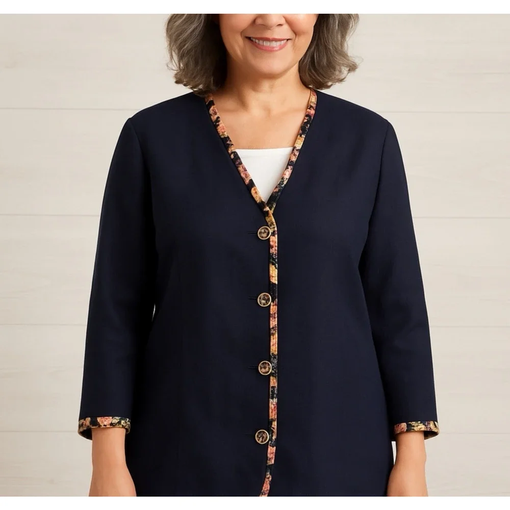 Hernando Trujillo Linen Blazer Jacket Women 8 Navy Floral‎ Trim Preppy Spring